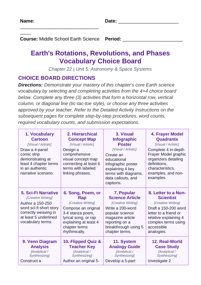 Earth's Rotations, Revolutions, & Phases Vocabulary Choice Board sample page