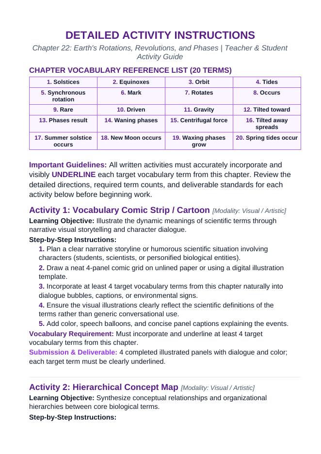 Earth's Rotations, Revolutions, & Phases Vocabulary Choice Board sample page