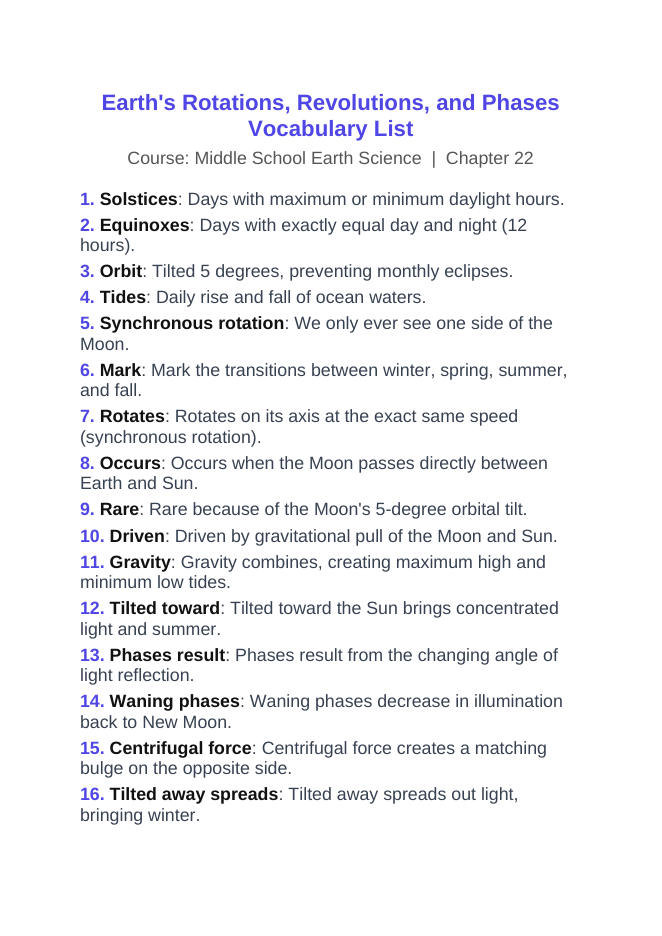 Earth's Rotations, Revolutions, & Phases Vocabulary Words & Definitions sample page