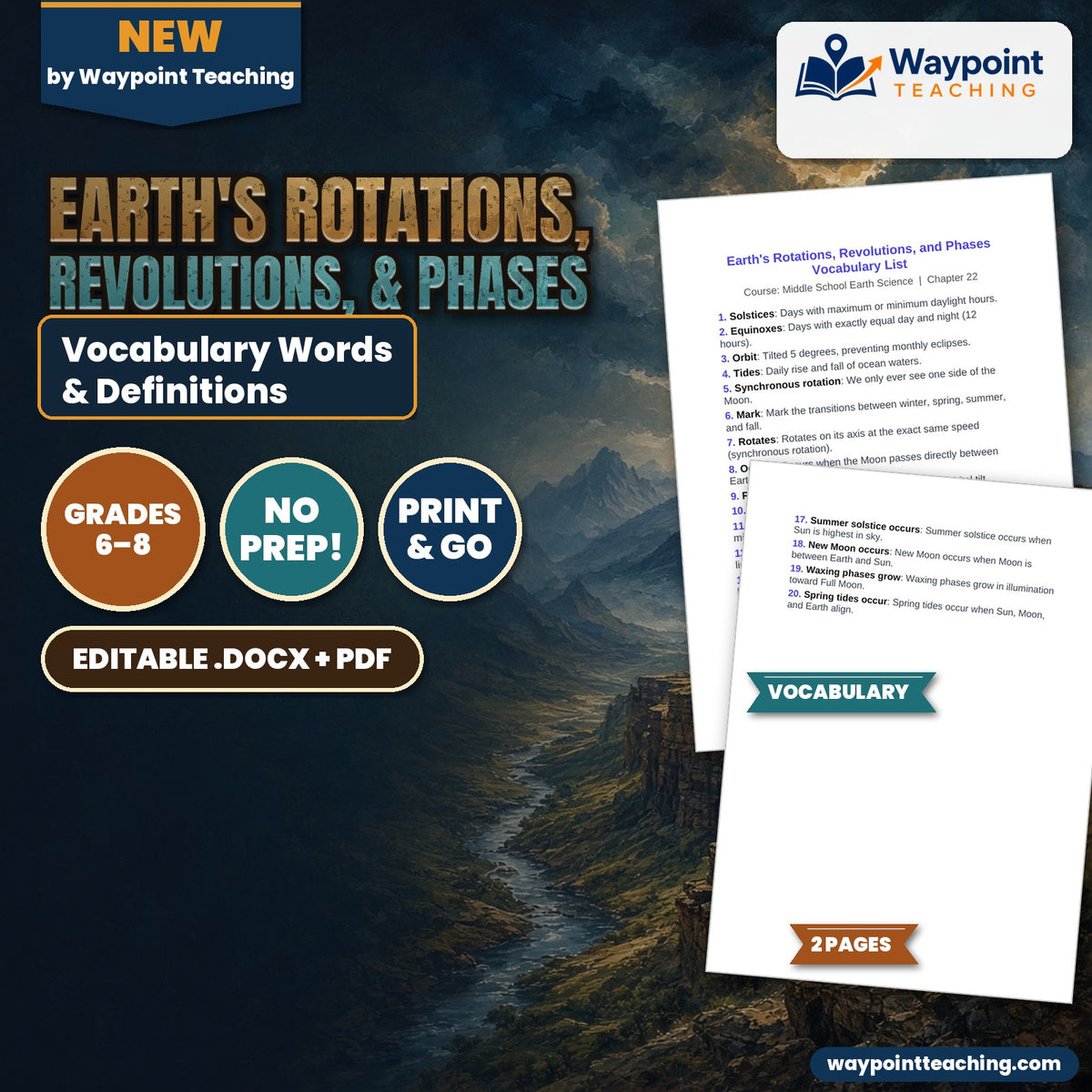 Earth's Rotations, Revolutions, & Phases Vocabulary Words & Definitions cover