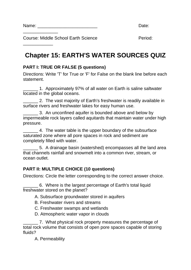 Earth's Water Sources Lesson Quiz sample page