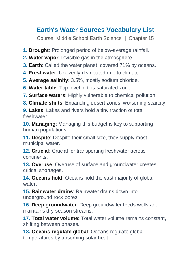 Earth's Water Sources Vocabulary Words & Definitions sample page