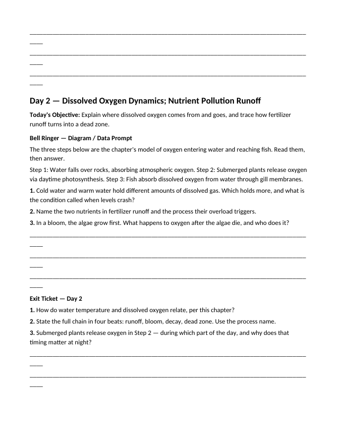 Ecosystems & Water Quality Bell Ringers & Exit Tickets sample page