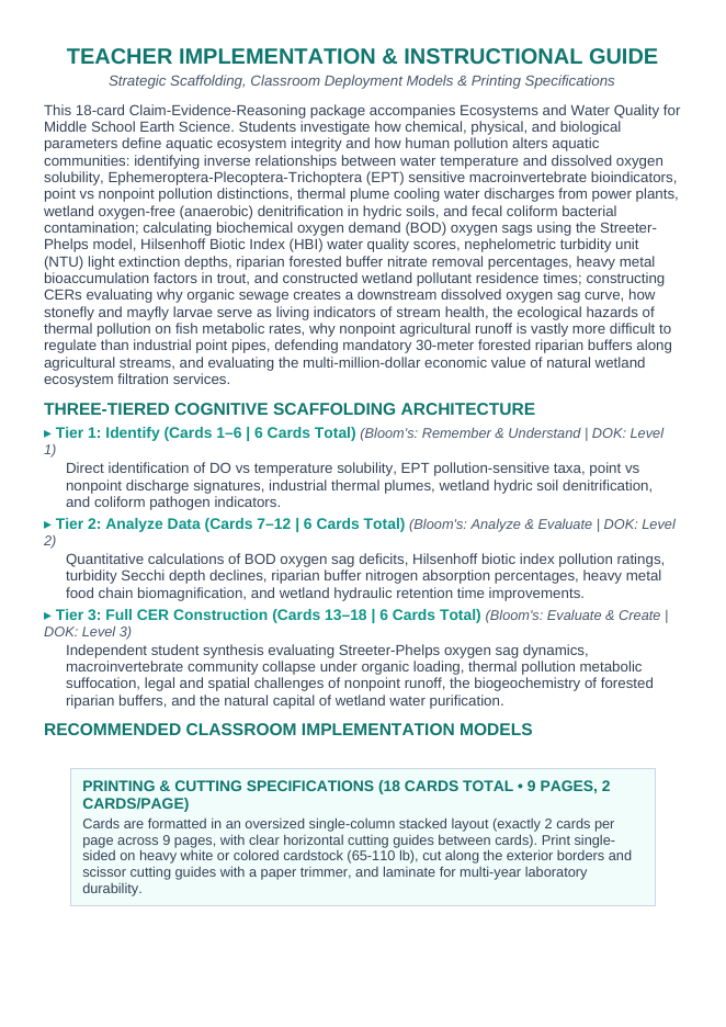 Ecosystems & Water Quality CER Task Cards sample page