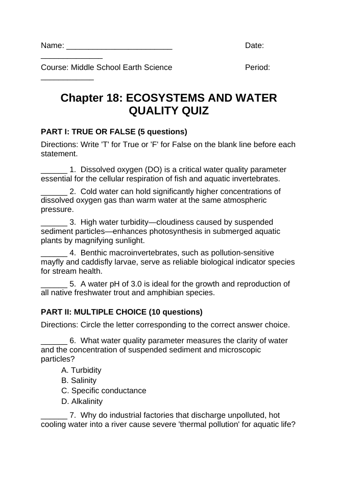 Ecosystems & Water Quality Lesson Quiz sample page