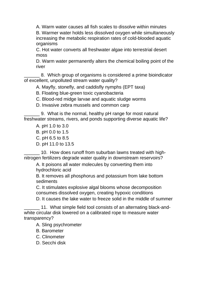 Ecosystems & Water Quality Lesson Quiz sample page