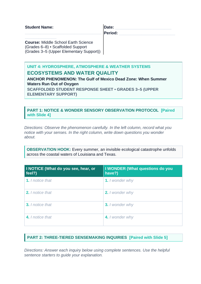 Ecosystems & Water Quality Scaffolded Phenomena-Based Lesson: The Gulf of Mexico Dead Zone: When Summer Waters Run Out of Oxygen Student Response Sheet sample page