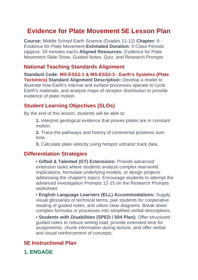 Evidence for Plate Movement 5E Lesson Plan sample page