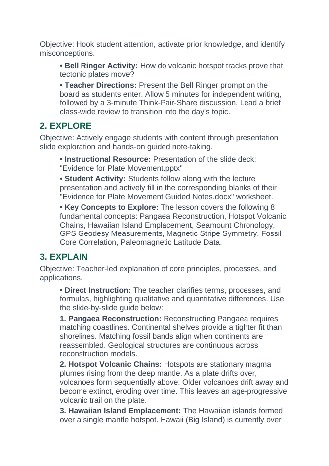 Evidence for Plate Movement 5E Lesson Plan sample page