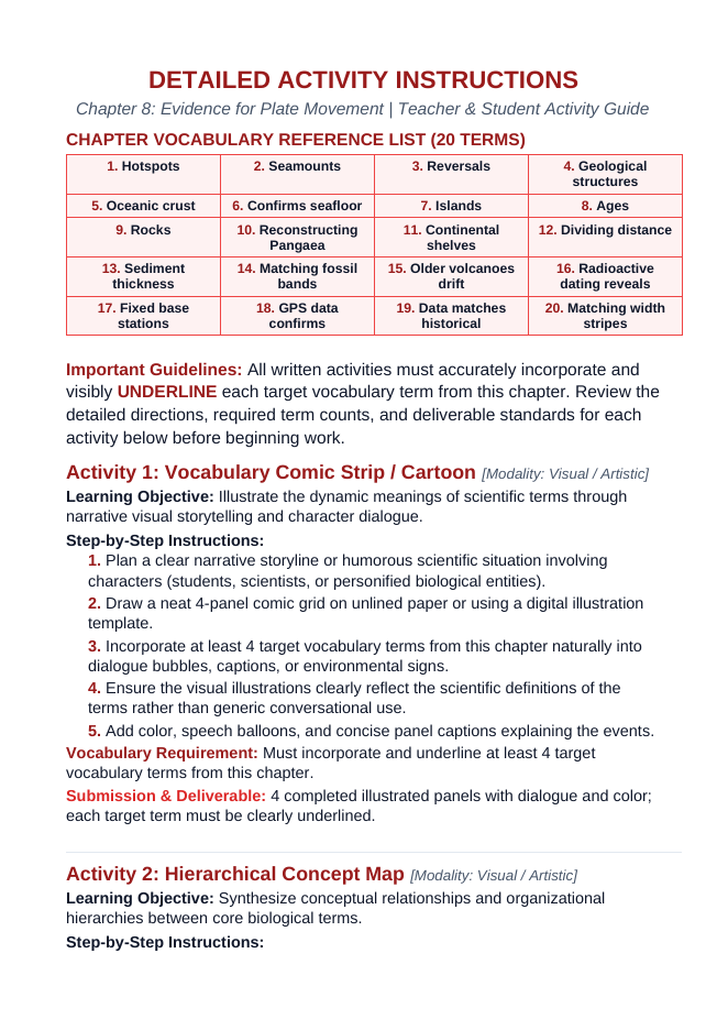 Evidence for Plate Movement Vocabulary Choice Board sample page