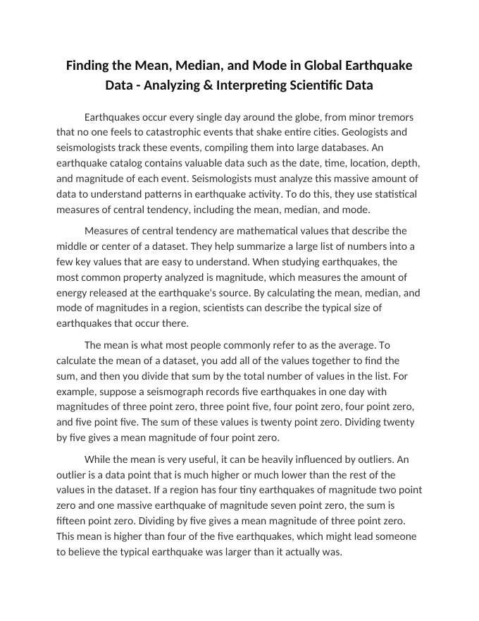 Finding the Mean, Median, and Mode in Global Earthquake Data Reading Worksheet sample page