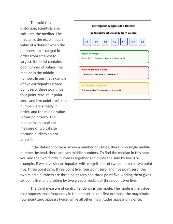 Finding the Mean, Median, and Mode in Global Earthquake Data Reading Worksheet sample page