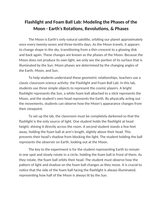 Flashlight and Foam Ball Lab: Modeling the Phases of the Moon Reading Worksheet sample page