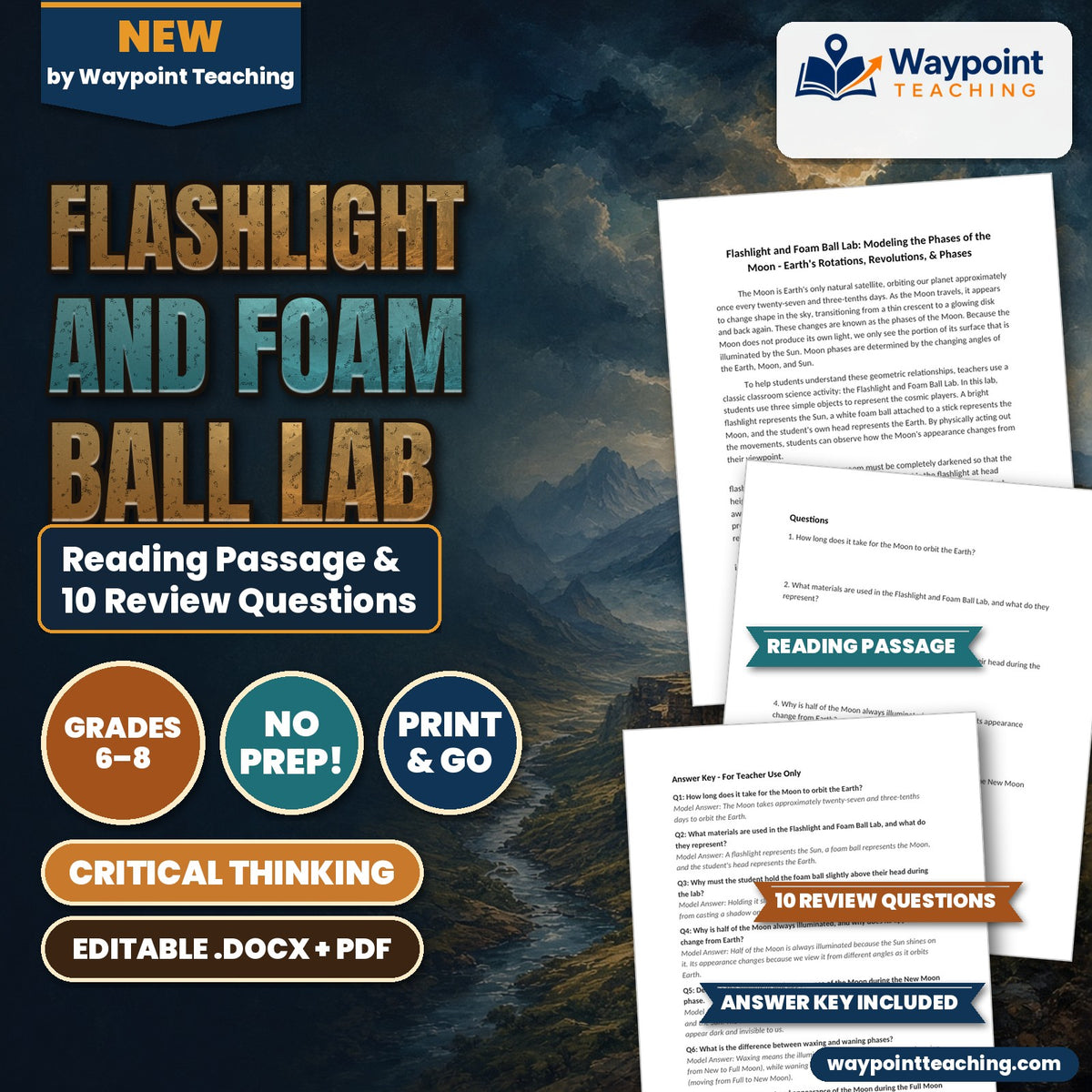 Flashlight and Foam Ball Lab: Modeling the Phases of the Moon Reading Worksheet cover