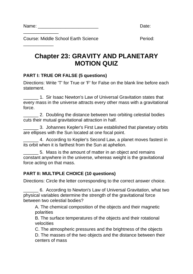 Gravity & Planetary Motion Lesson Quiz sample page