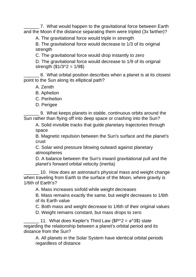 Gravity & Planetary Motion Lesson Quiz sample page