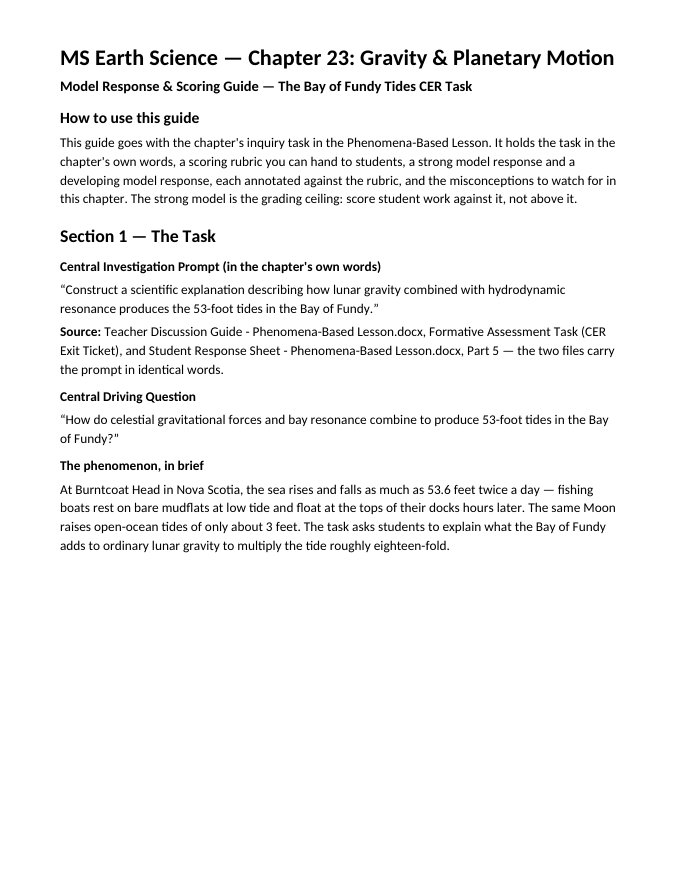 Gravity & Planetary Motion Model Response & Scoring Guide sample page