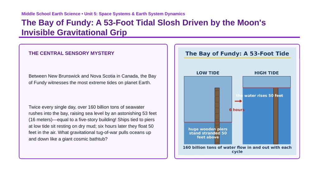 Gravity & Planetary Motion Phenomena-Based Lesson: The Bay of Fundy: A 53-Foot Tidal Slosh Driven by the Moon's Invisible Gravitational Grip Presentation sample page