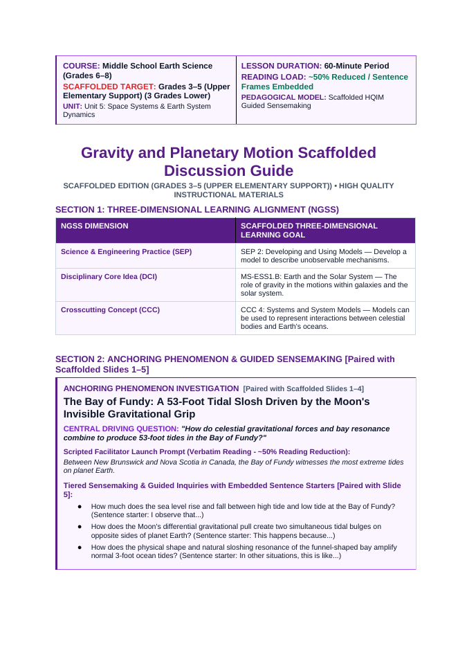 Gravity & Planetary Motion Scaffolded Phenomena-Based Lesson: The Bay of Fundy: A 53-Foot Tidal Slosh Driven by the Moon's Invisible Gravitational Grip Teacher Discussion Guide sample page
