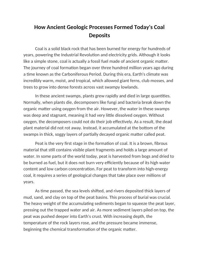 How Ancient Geologic Processes Formed Todays Coal Deposits Reading Worksheet sample page