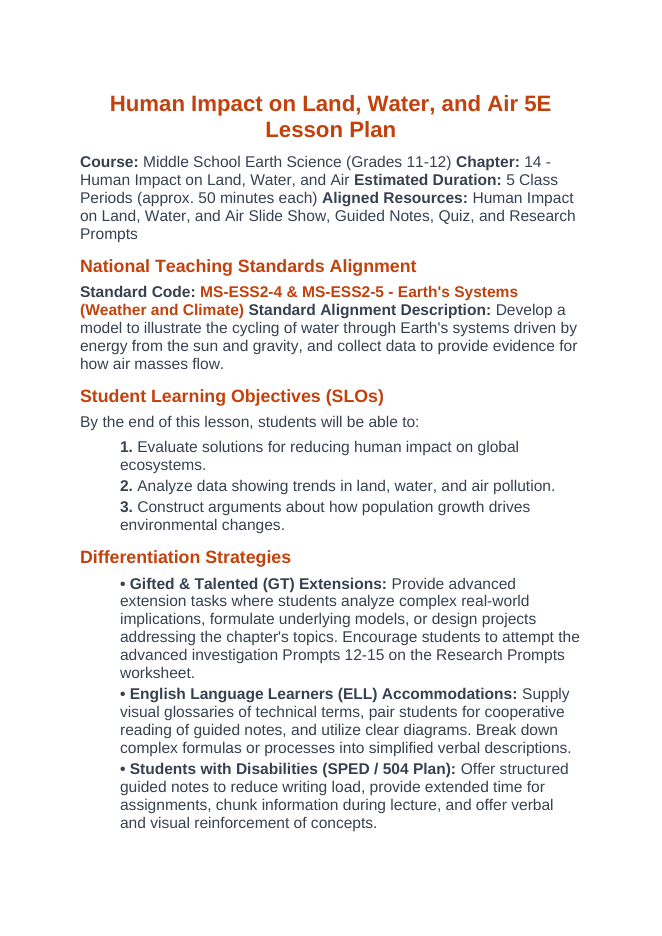 Human Impact on Land, Water, & Air 5E Lesson Plan sample page
