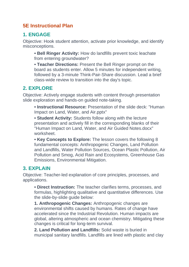 Human Impact on Land, Water, & Air 5E Lesson Plan sample page