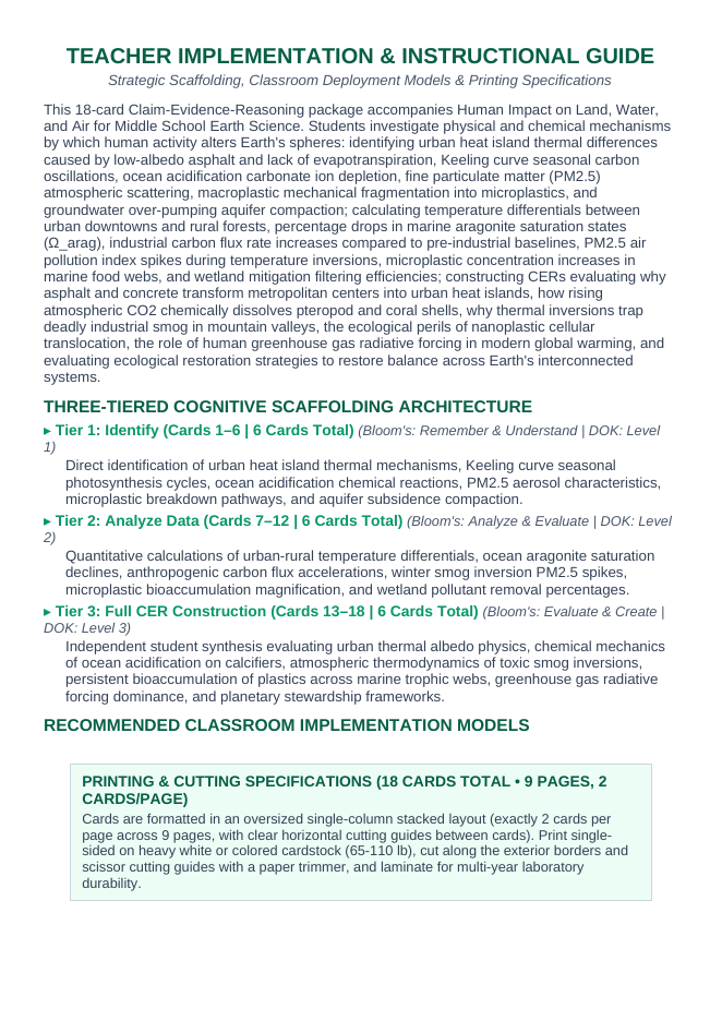Human Impact on Land, Water, & Air CER Task Cards sample page