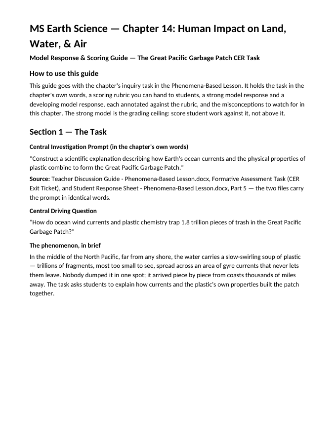 Human Impact on Land, Water, & Air Model Response & Scoring Guide sample page