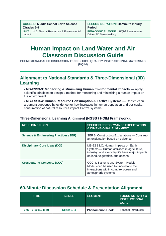 Human Impact on Land, Water, & Air Phenomena-Based Lesson: The Great Pacific Garbage Patch: A Swirling Plastic Vortex in the Open Ocean Teacher Discussion Guide sample page