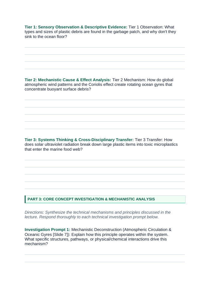 Human Impact on Land, Water, & Air Phenomena-Based Lesson: The Great Pacific Garbage Patch: A Swirling Plastic Vortex in the Open Ocean Student Response Sheet sample page