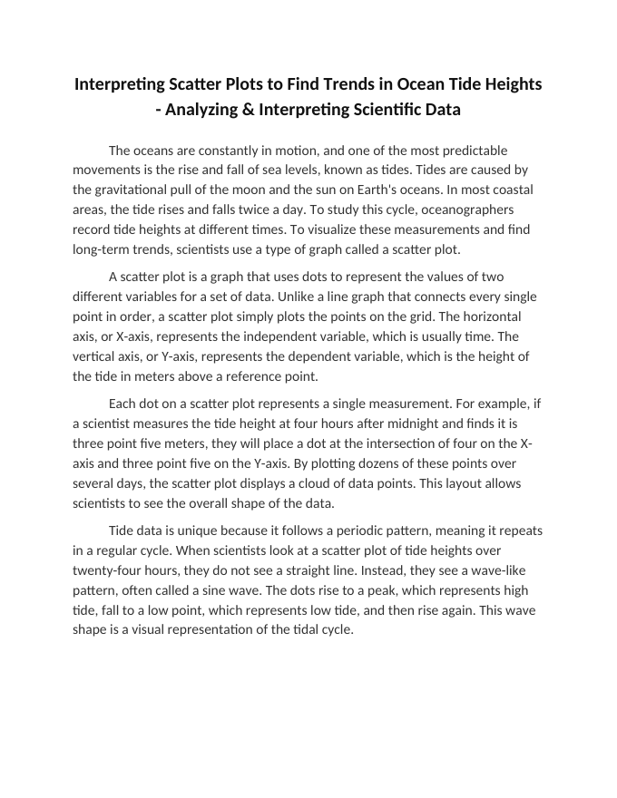 Interpreting Scatter Plots to Find Trends in Ocean Tide Heights Reading Worksheet sample page
