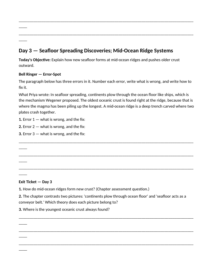 Intro to Plate Tectonics Bell Ringers & Exit Tickets sample page