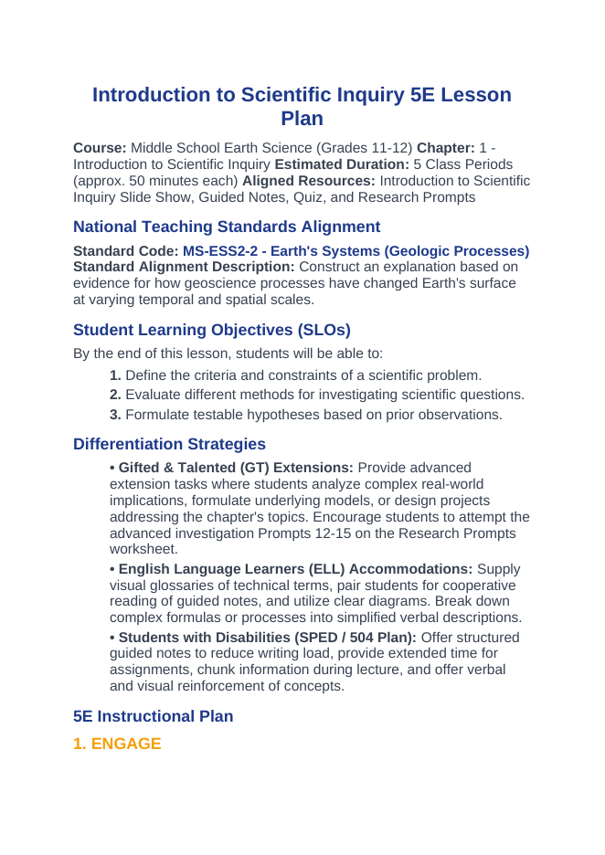 Intro to Scientific Inquiry 5E Lesson Plan sample page
