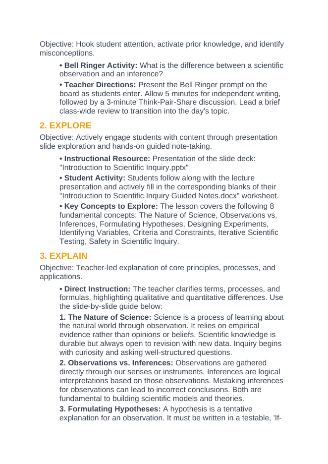 Intro to Scientific Inquiry 5E Lesson Plan sample page