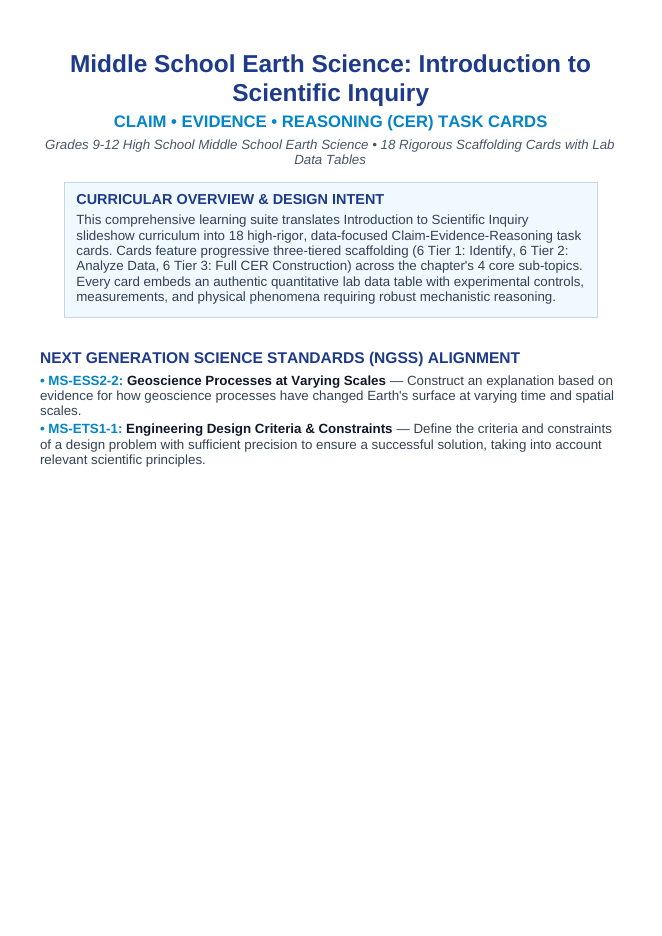 Intro to Scientific Inquiry CER Task Cards sample page