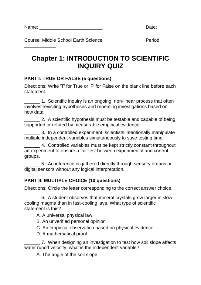 Intro to Scientific Inquiry Lesson Quiz sample page