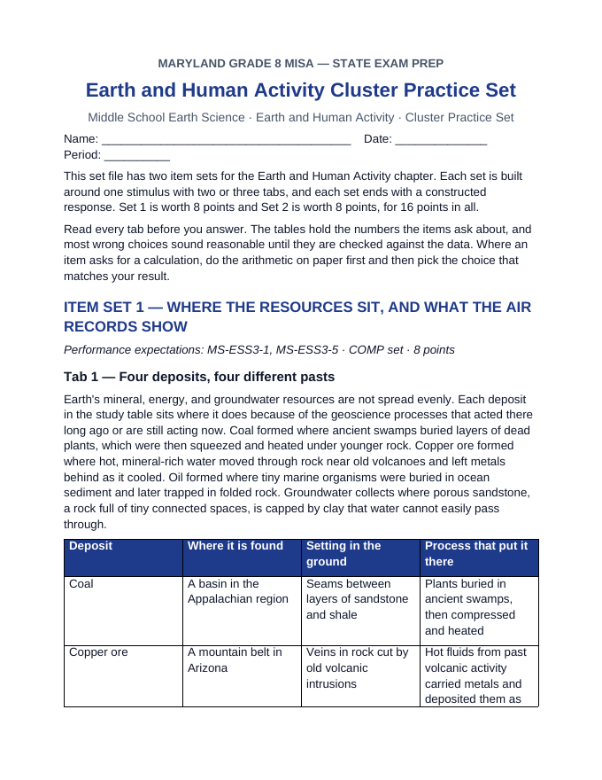Maryland MISA Earth and Human Activity Cluster Practice Set sample page