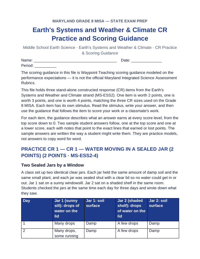 Maryland MISA Earth's Systems and Weather & Climate CR Practice & Scoring Guidance sample page