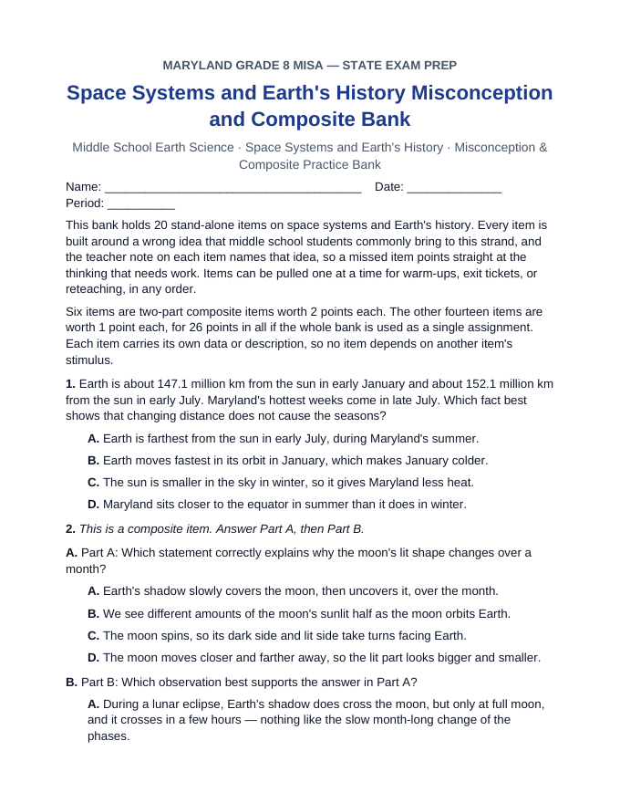 Maryland MISA Space Systems and Earth's History Misconception & Composite Practice Bank sample page