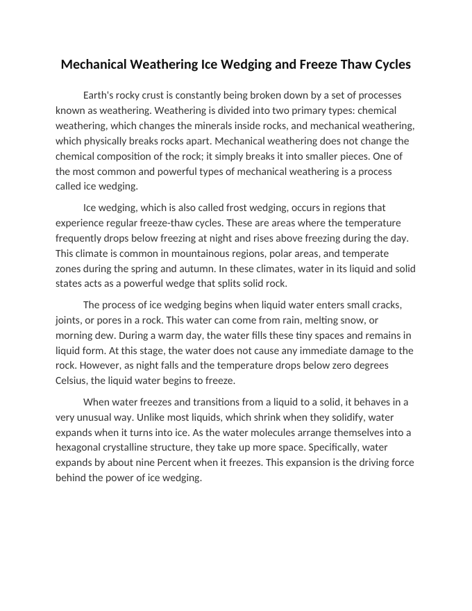 Mechanical Weathering Ice Wedging and Freeze Thaw Cycles Reading Worksheet sample page