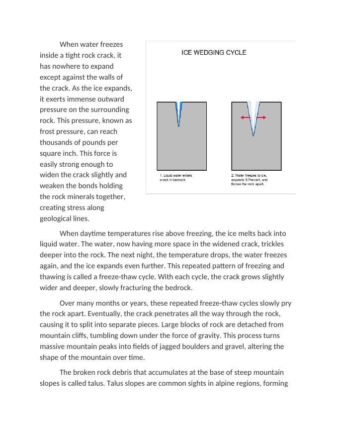 Mechanical Weathering Ice Wedging and Freeze Thaw Cycles Reading Worksheet sample page