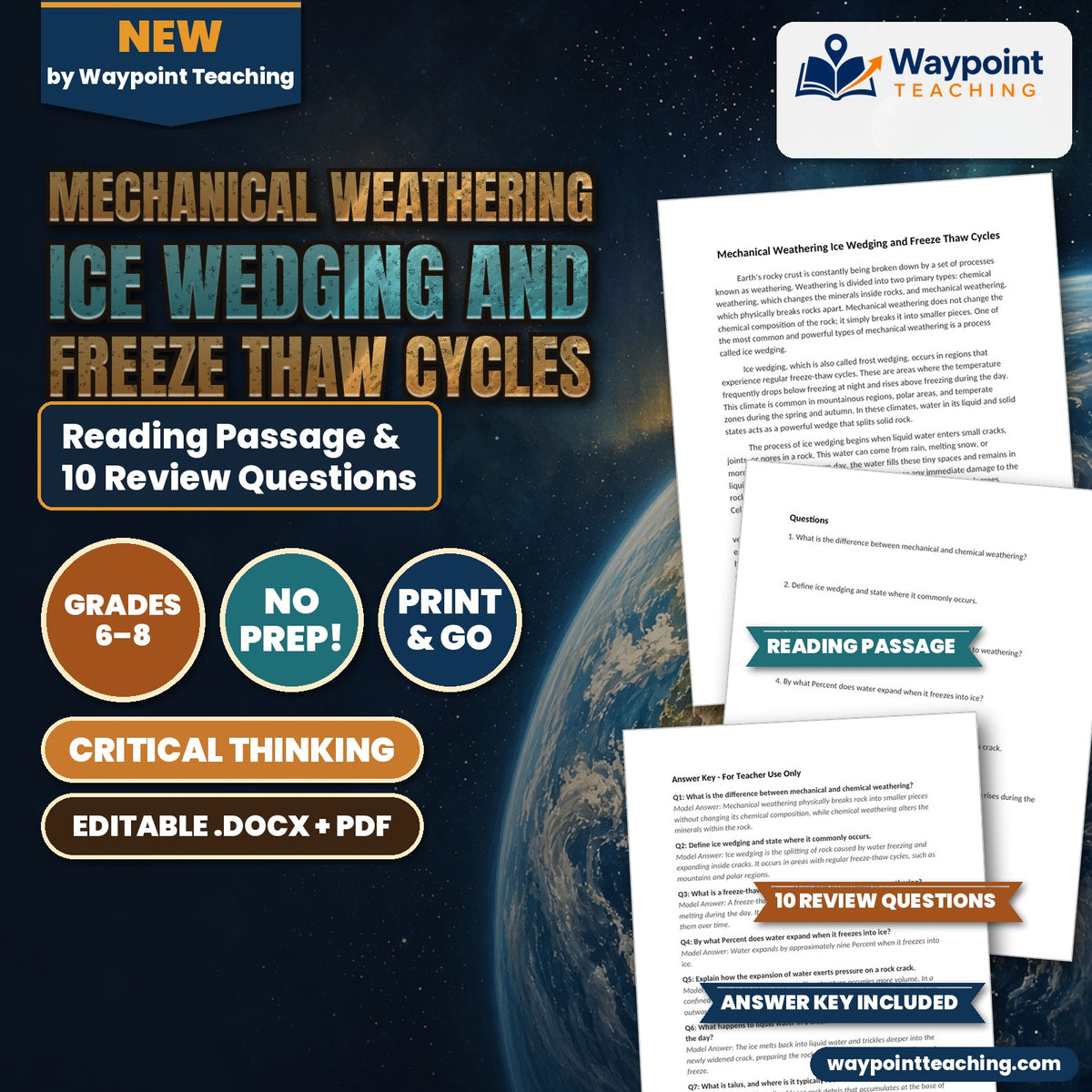 Mechanical Weathering Ice Wedging and Freeze Thaw Cycles Reading Worksheet cover