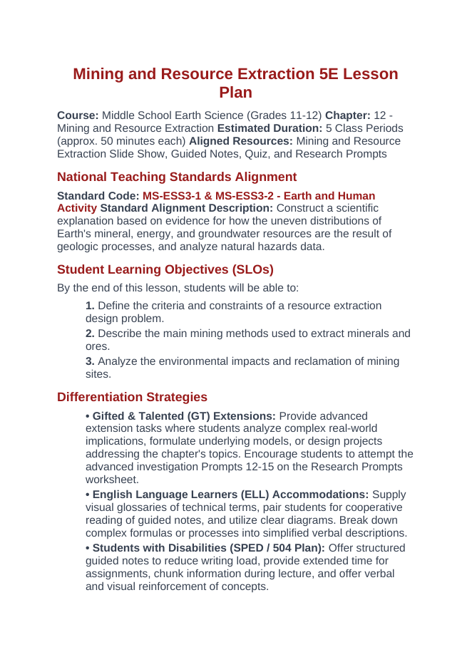 Mining & Resource Extraction 5E Lesson Plan sample page