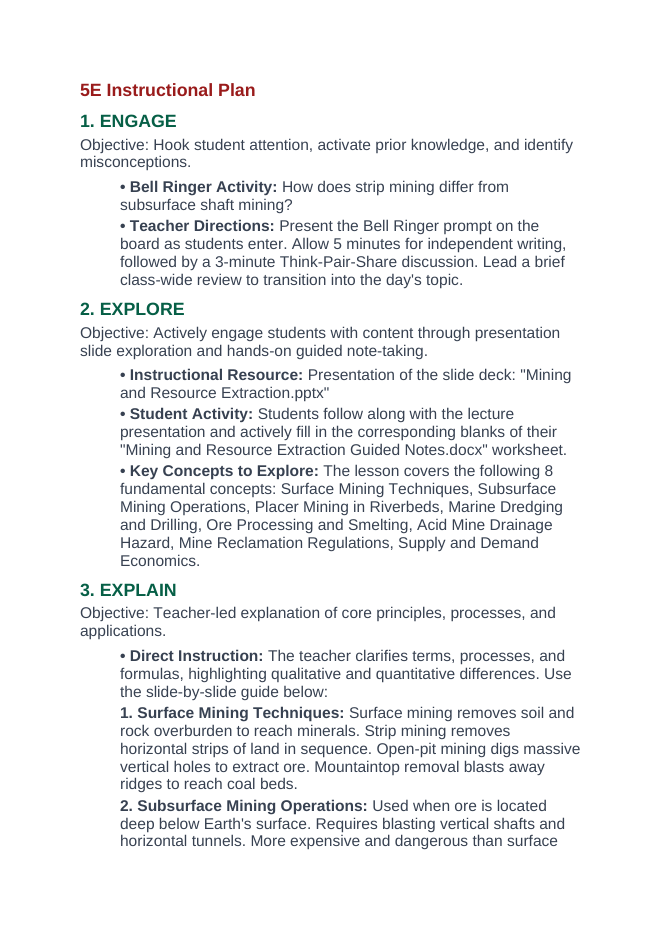 Mining & Resource Extraction 5E Lesson Plan sample page