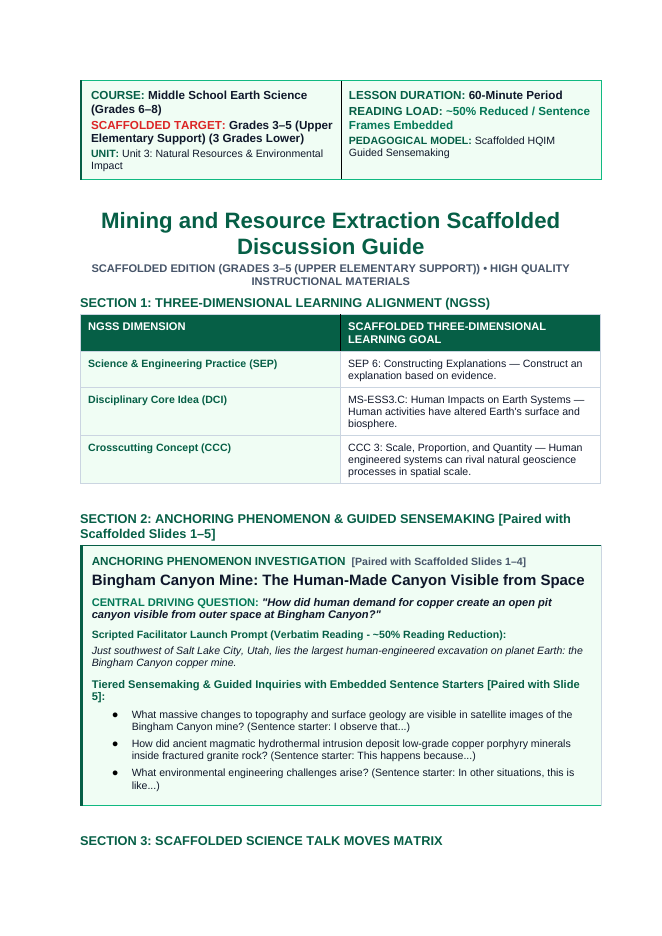 Mining & Resource Extraction Scaffolded Phenomena-Based Lesson: Bingham Canyon Mine: The Human-Made Canyon Visible from Space Teacher Discussion Guide sample page