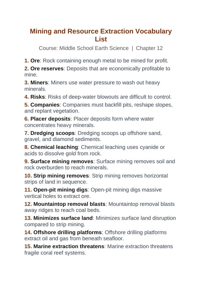 Mining & Resource Extraction Vocabulary Words & Definitions sample page