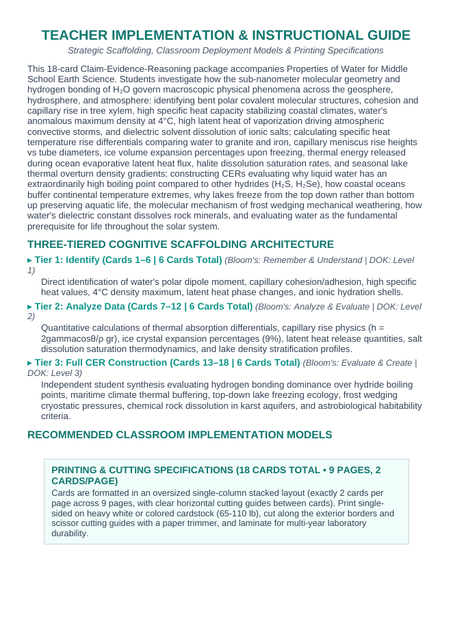 Properties of Water CER Task Cards sample page