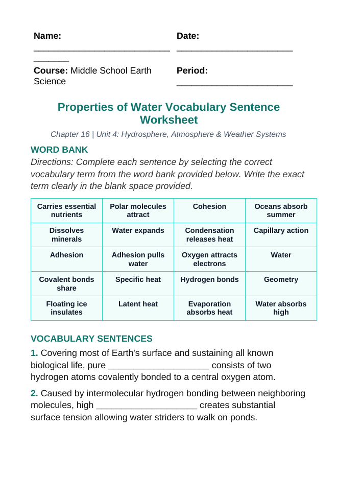 Properties of Water Fill-in-the-Blank Vocabulary Worksheet sample page