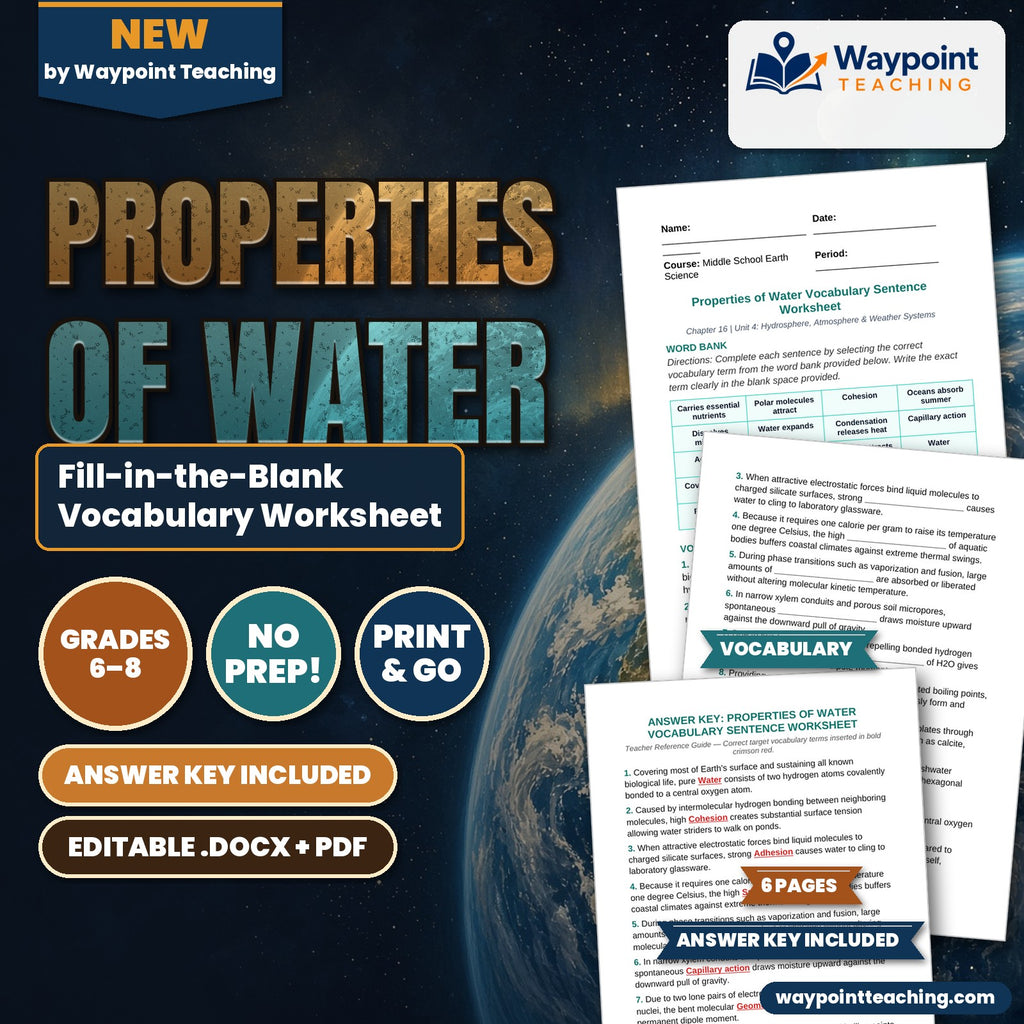 Properties of Water Fill-in-the-Blank Vocabulary Worksheet cover