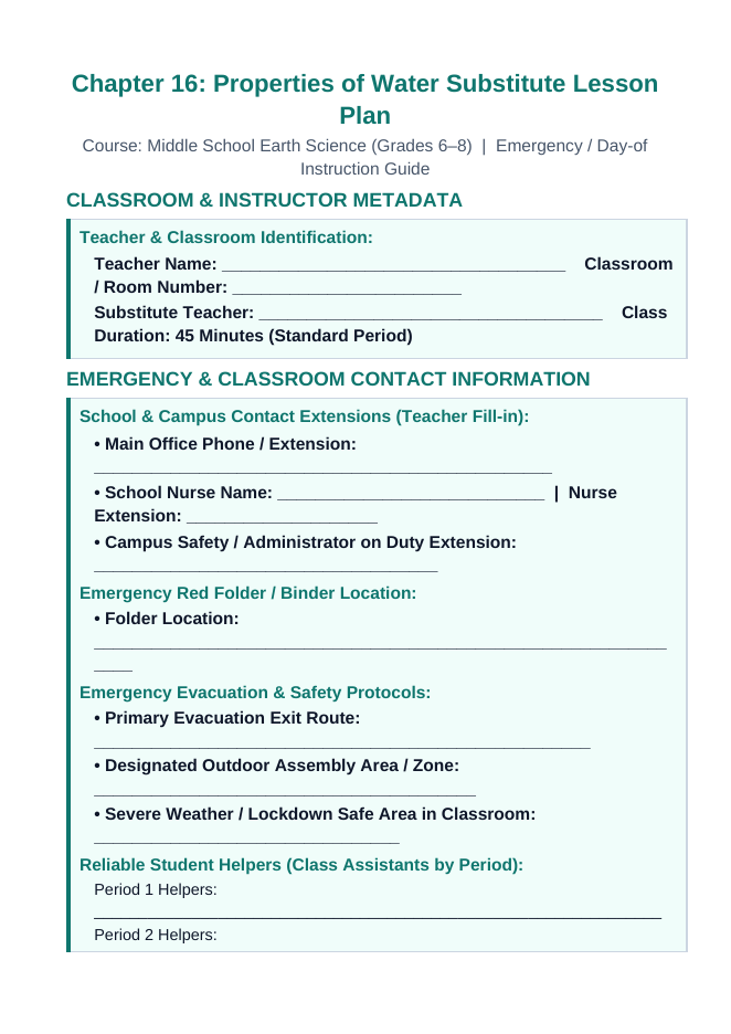 Properties of Water Substitute Lesson Plan sample page